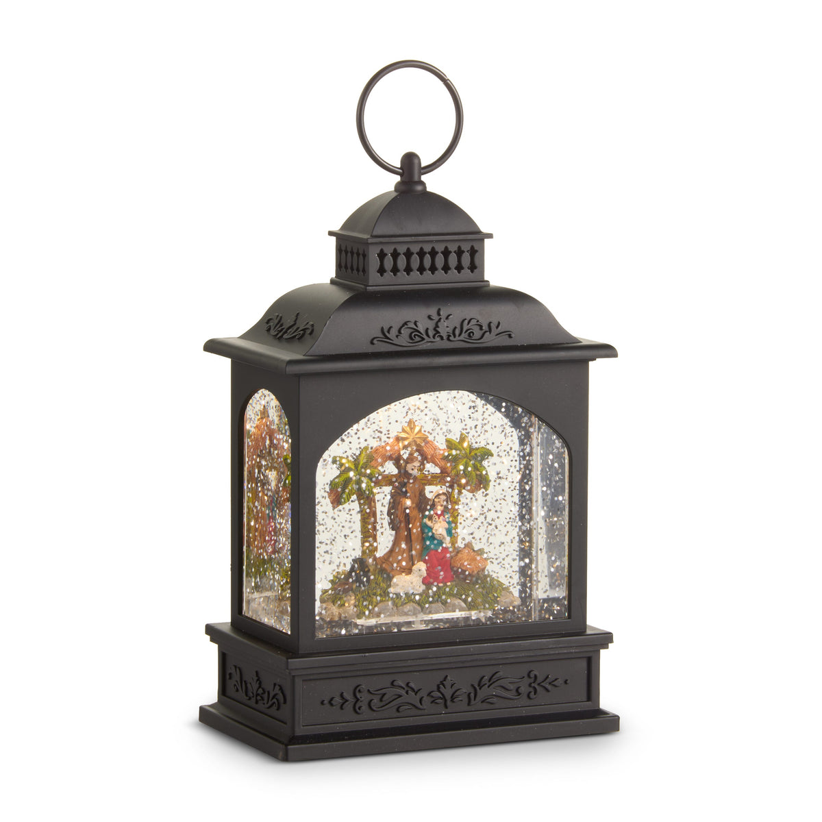 Nativity Lighted Water Lantern, A nativity water lantern with a ring handle showing the Holy Family beneath a star, surrounded by swirling glitter.