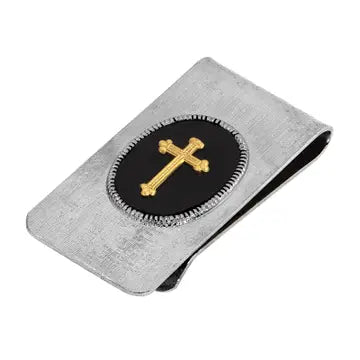 Silver Tone Black Enamel Gold Tone Cross Money Clip