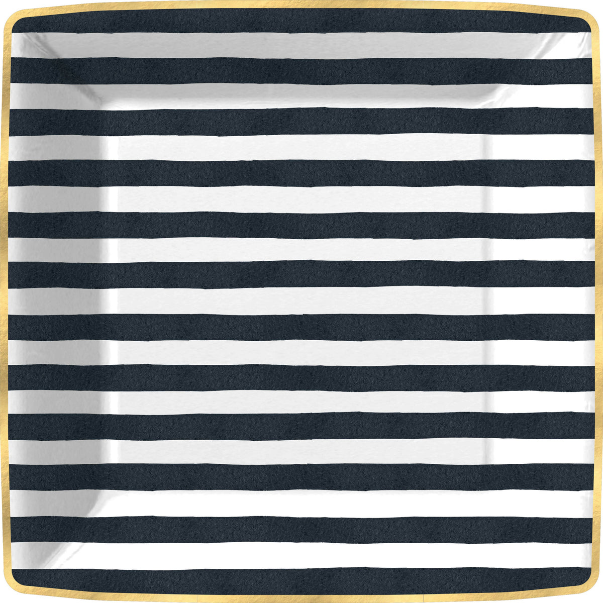 Bold Strokes-Black Square Paper Plate, Square paper dinner plate with wide black and white horizontal stripes and a shiny gold edge.