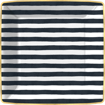 Bold Strokes-Black Square Paper Plate, Square paper dinner plate with wide black and white horizontal stripes and a shiny gold edge.