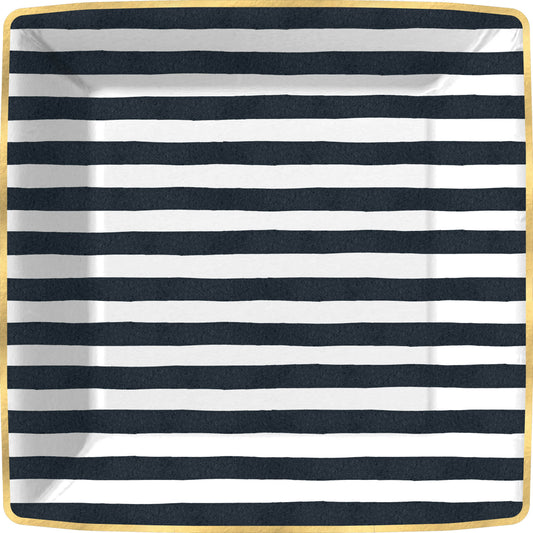 Bold Strokes-Black Square Paper Plate, Square paper dinner plate with wide black and white horizontal stripes and a shiny gold edge.