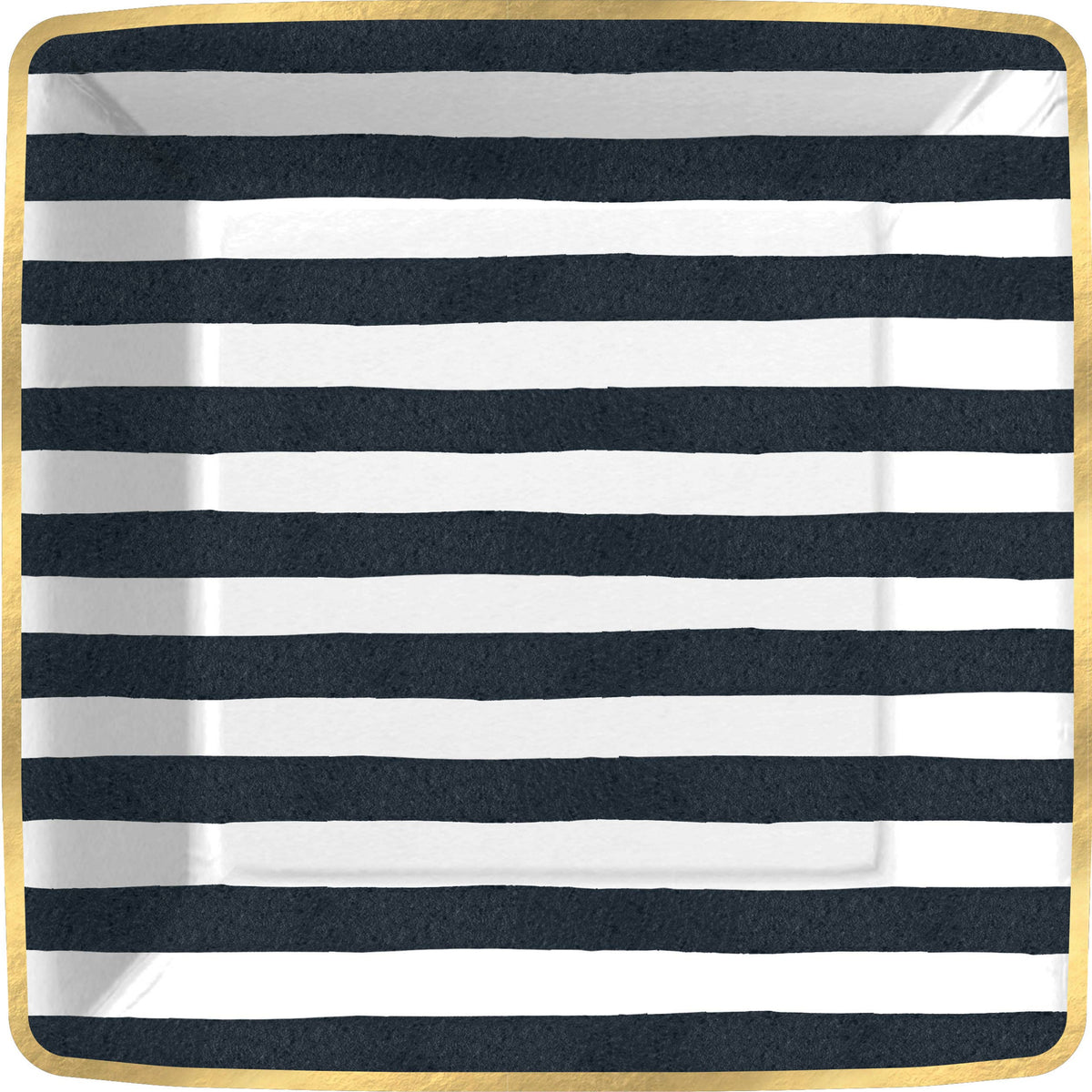 Bold Strokes-Black Square Paper Plate, Square paper dinner plate with wide black and white horizontal stripes and a shiny gold edge.