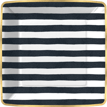 Bold Strokes-Black Square Paper Plate, Square paper dinner plate with wide black and white horizontal stripes and a shiny gold edge.