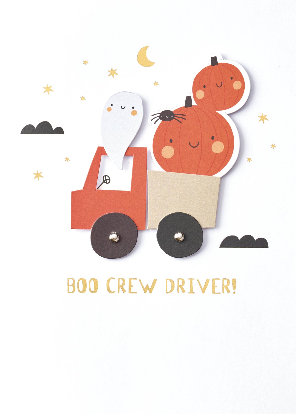 Boo Crew Ride Greeting Card, Front of the card showing a ghost driving a red truck loaded with two smiling pumpkins and a tiny spider, with gold stars, a gold moon and the words BOO CREW DRIVER! on a white ground.