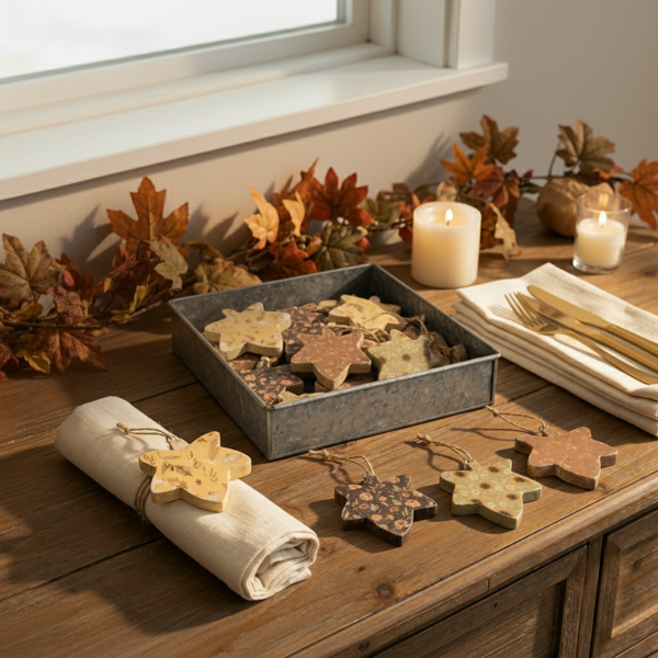 Botanical Fall Leaf Ornament, A wooden leaf-shaped ornament printed with sunflowers and small flowers on sage green, hanging from a twine loop with a metal hook.