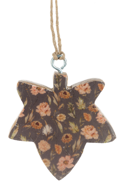 Botanical Fall Leaf Ornament, A wooden leaf-shaped ornament printed with sunflowers and small flowers on sage green, hanging from a twine loop with a metal hook.