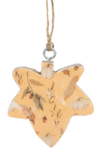 Botanical Fall Leaf Ornament, A wooden leaf-shaped ornament printed with sunflowers and small flowers on sage green, hanging from a twine loop with a metal hook.