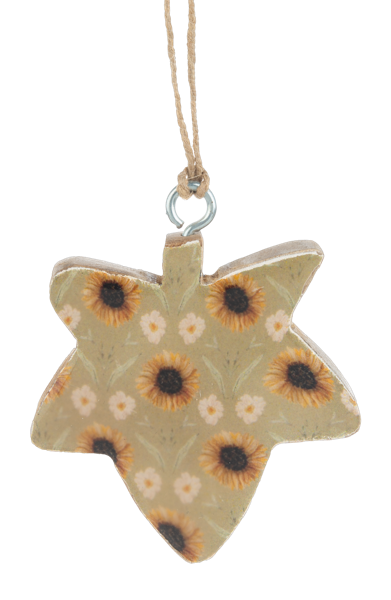 Botanical Fall Leaf Ornament, A wooden leaf-shaped ornament printed with sunflowers and small flowers on sage green, hanging from a twine loop with a metal hook.