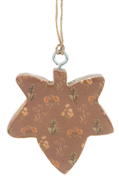 Botanical Fall Leaf Ornament, A wooden leaf-shaped ornament printed with sunflowers and small flowers on sage green, hanging from a twine loop with a metal hook.