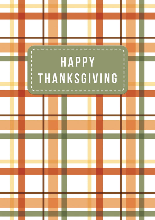 Bountiful Plaid Greeting Card, Front of a card patterned in orange, rust, gold and olive plaid with a rounded olive banner holding HAPPY THANKSGIVING in white capitals.