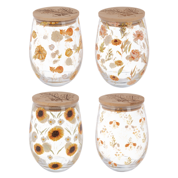 Bountiful Stemless Wine Glass with Wood Lid, Four stemless wine glasses with wood lids, decorated with pumpkins, peach blooms, sunflowers and wildflowers.