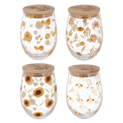 Bountiful Stemless Wine Glass with Wood Lid, Four stemless wine glasses with wood lids, decorated with pumpkins, peach blooms, sunflowers and wildflowers.