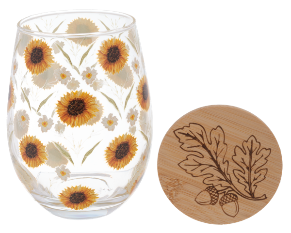 Bountiful Stemless Wine Glass with Wood Lid, Four stemless wine glasses with wood lids, decorated with pumpkins, peach blooms, sunflowers and wildflowers.