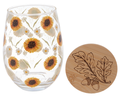 Bountiful Stemless Wine Glass with Wood Lid, Four stemless wine glasses with wood lids, decorated with pumpkins, peach blooms, sunflowers and wildflowers.