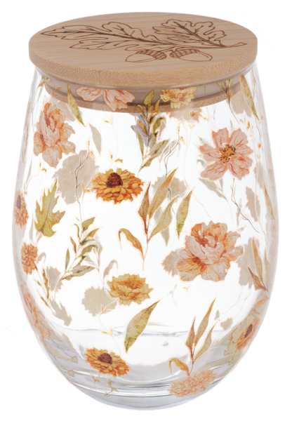 Bountiful Stemless Wine Glass with Wood Lid, Four stemless wine glasses with wood lids, decorated with pumpkins, peach blooms, sunflowers and wildflowers.
