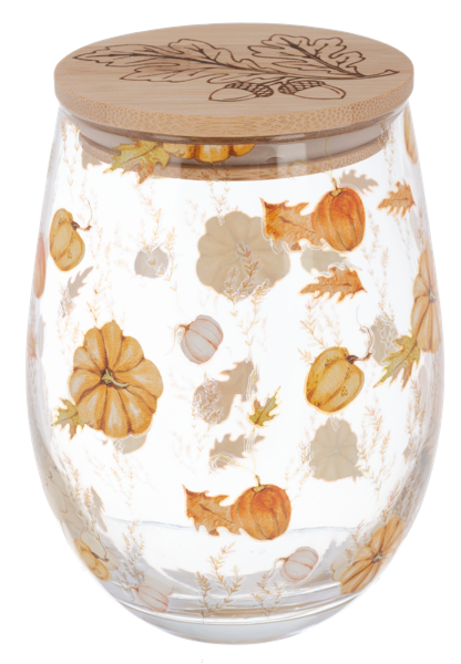 Bountiful Stemless Wine Glass with Wood Lid, Four stemless wine glasses with wood lids, decorated with pumpkins, peach blooms, sunflowers and wildflowers.