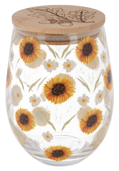 Bountiful Stemless Wine Glass with Wood Lid, Four stemless wine glasses with wood lids, decorated with pumpkins, peach blooms, sunflowers and wildflowers.