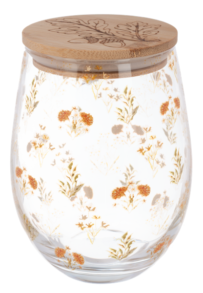 Bountiful Stemless Wine Glass with Wood Lid, Four stemless wine glasses with wood lids, decorated with pumpkins, peach blooms, sunflowers and wildflowers.