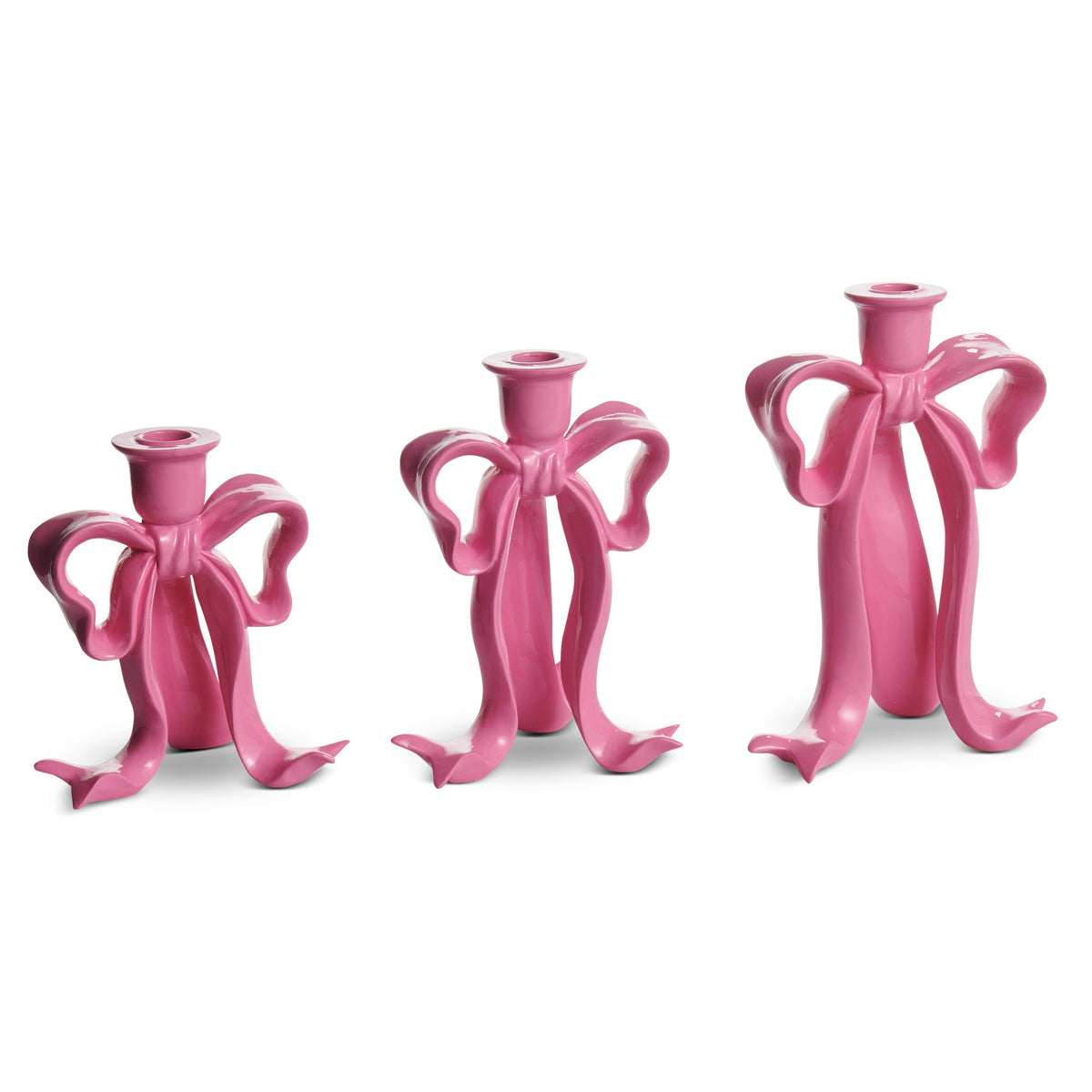 Bow Taper Candlestick, Three graduated sage green resin candlesticks shaped like tied ribbon bows, each with a taper candle holder at the top.
