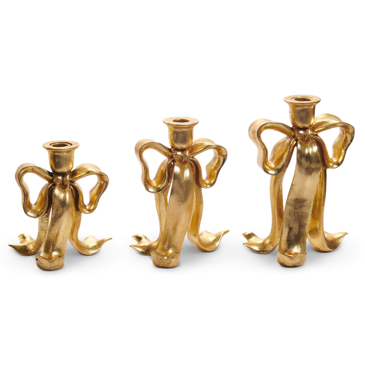 Bow Taper Candlestick, Three graduated sage green resin candlesticks shaped like tied ribbon bows, each with a taper candle holder at the top.