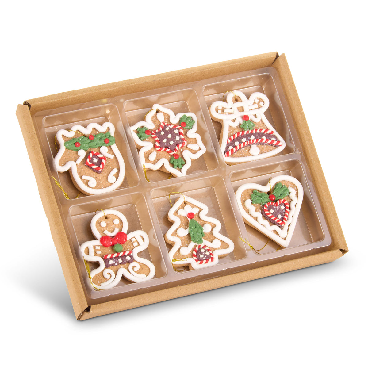 Box of 6 Mini Gingerbread Cookie Ornaments, Six mini gingerbread cookie ornaments, a mitten, snowflake, bell, gingerbread man, tree and heart, each piped in white icing and set in its own compartment of a kraft tray.