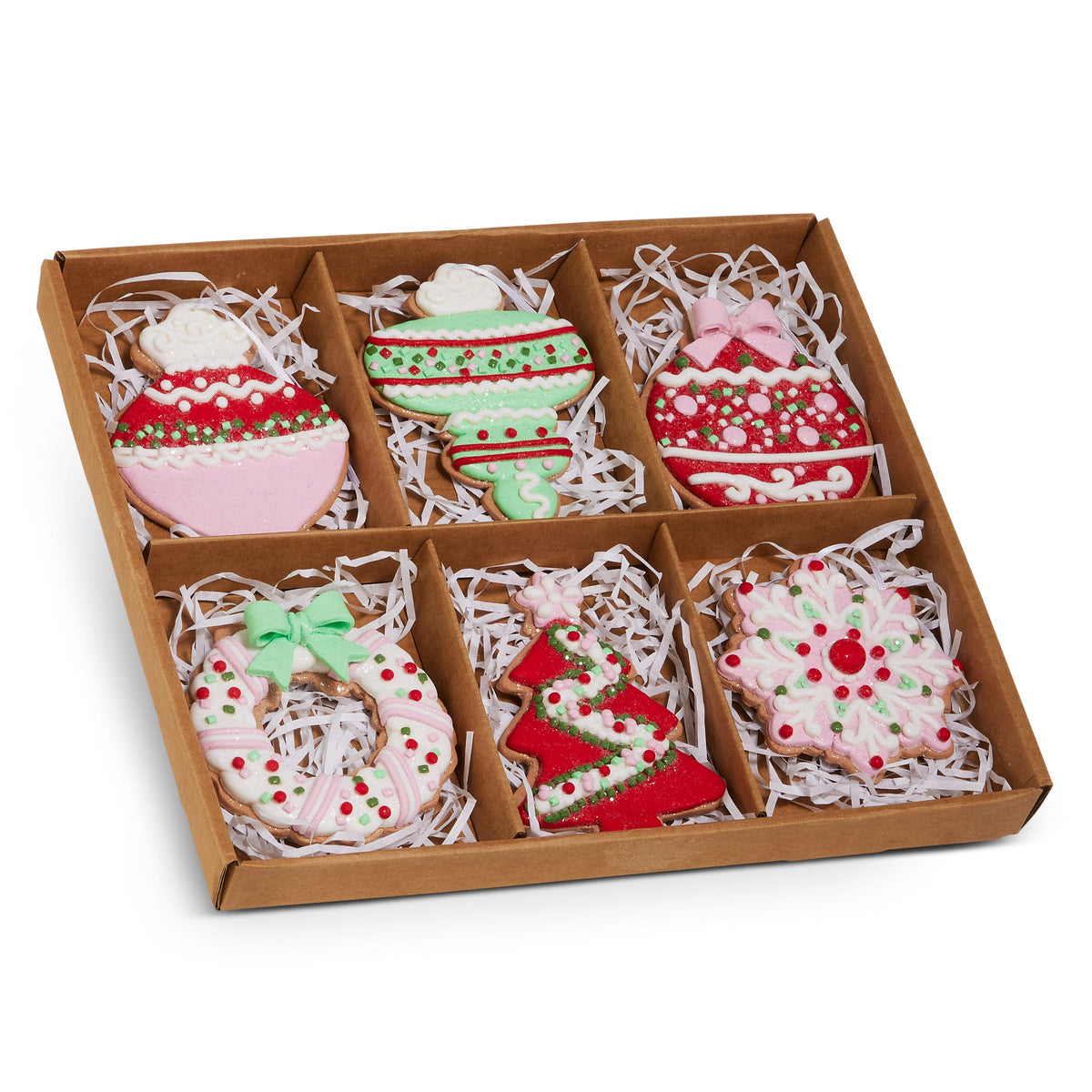 Box of Cookie Ornaments, A box of six ornaments shaped and iced like holiday cookies, including a wreath, a tree, a snowflake, and three round ornament shapes, packed in tissue paper.