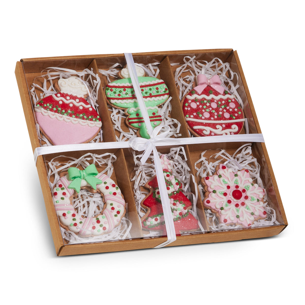 Box of Cookie Ornaments, A box of six ornaments shaped and iced like holiday cookies, including a wreath, a tree, a snowflake, and three round ornament shapes, packed in tissue paper.