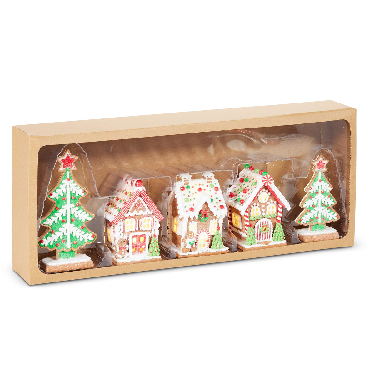 Box of Lighted Gingerbread Houses and Trees, Three lit gingerbread houses and two frosted gingerbread trees in the box.