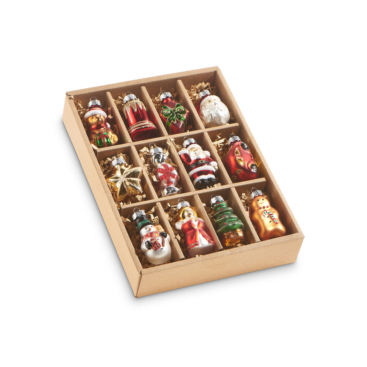 Box of Traditional Christmas Ornaments, A box of twelve miniature glass Christmas ornaments including a bear, gifts, Santa figures, a star, a snowman, an angel, a tree, and a gingerbread man, each in a padded compartment.