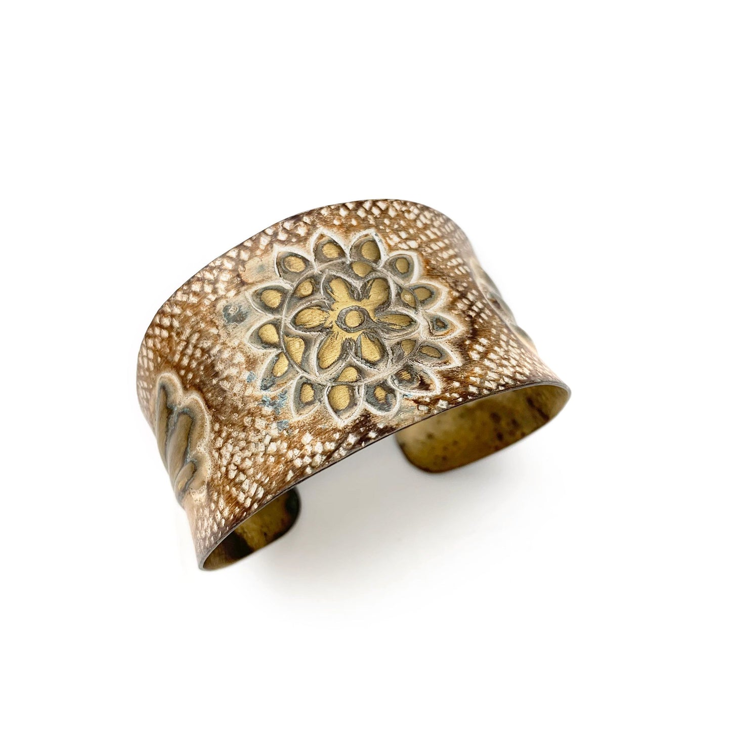 Brass Patina Bracelet – Warm Brown and White Sunflower