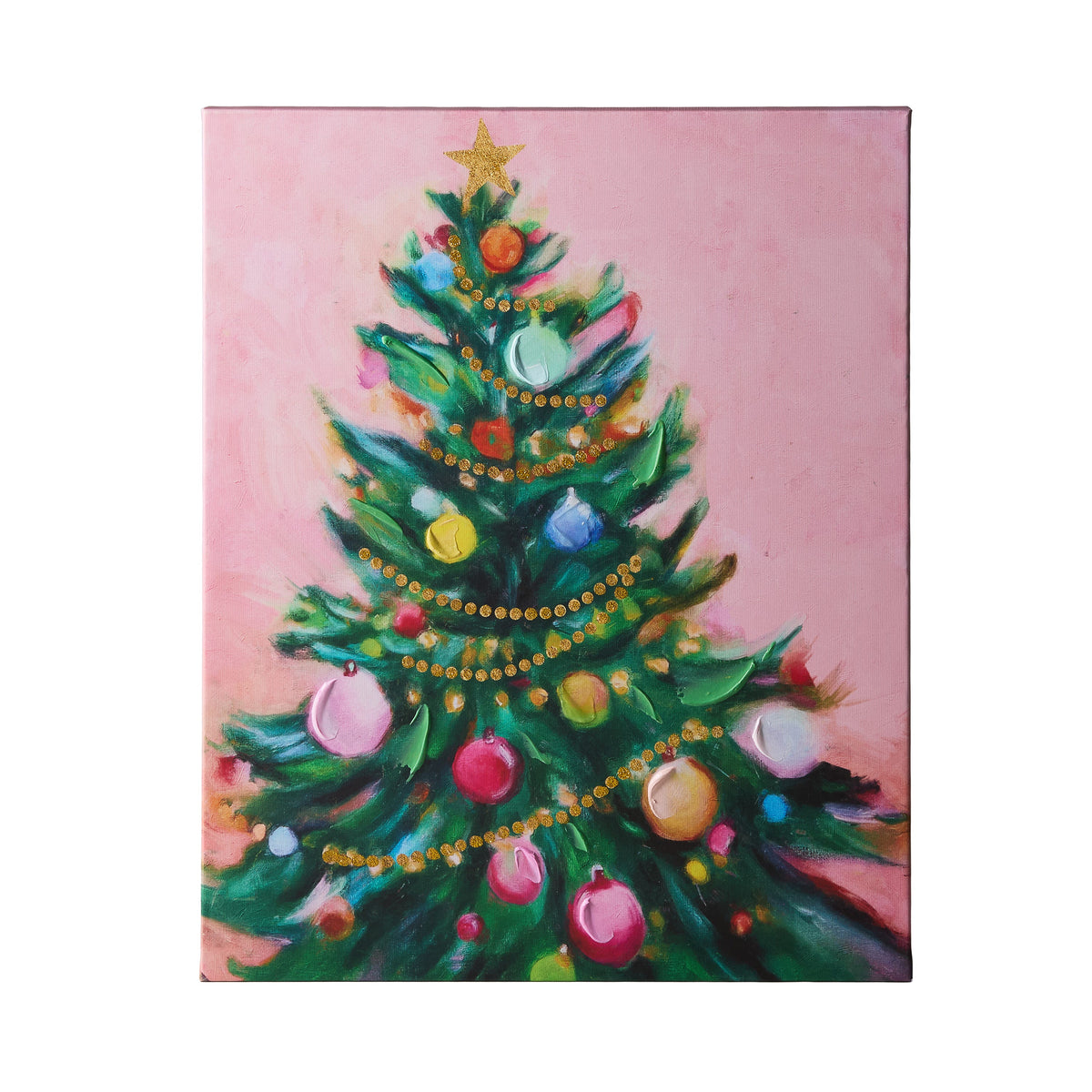 Brightmas Tree Wall Art, A canvas print of a bright, colorful Christmas tree with gold beaded garland on a pink background, in a wood frame.