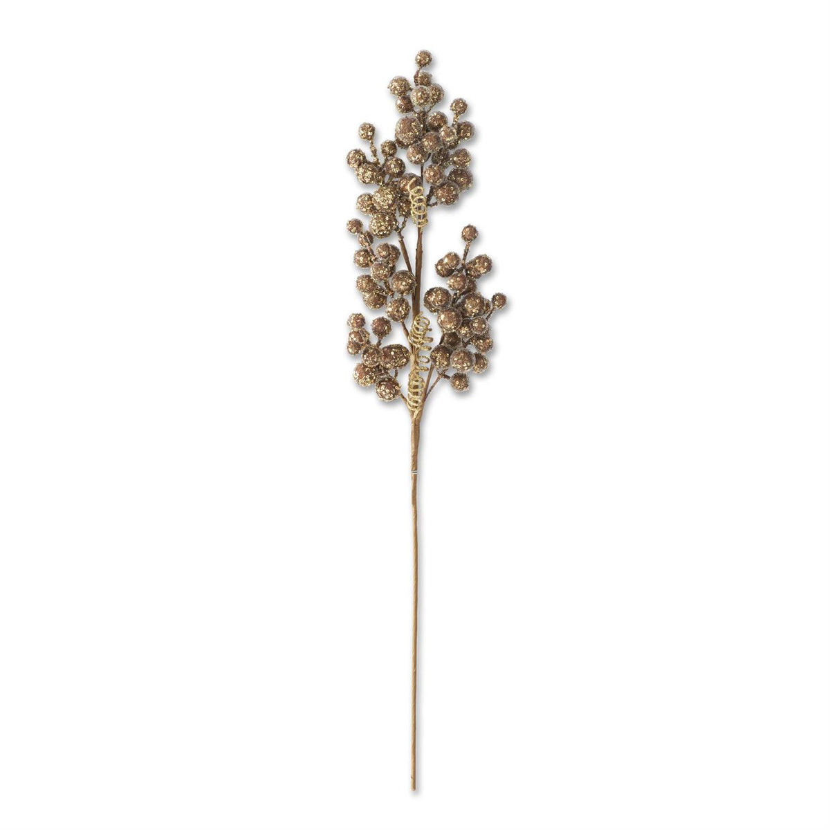 Brown and Gold Seed Beaded Berry Stem, 30.5 Inch, A tall stem topped with dense clusters of glittering brown and gold berries and a few gold curled wires on a brown wrapped stem against white.