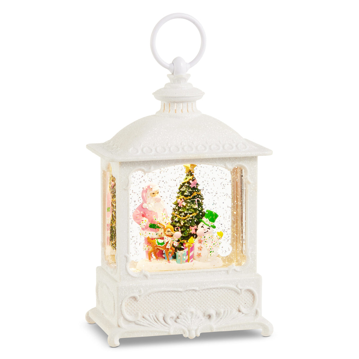Bubblegum Blowin' Friends Lighted Water Lantern, A white glittered lantern-shaped water globe with a lit scene of Santa, a deer, and a snowman blowing bubblegum around a Christmas tree.