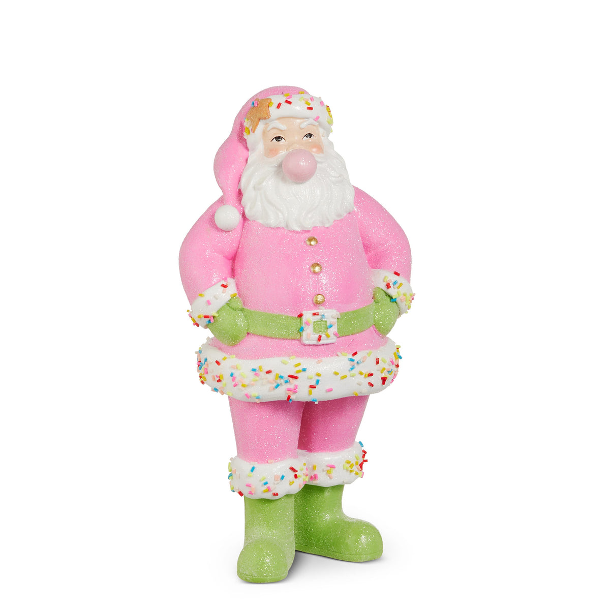 Bubblegum Blowin' Santa, A pink glittered Santa figurine blowing a pink bubblegum bubble, with candy sprinkle trim, a green belt, and green boots.