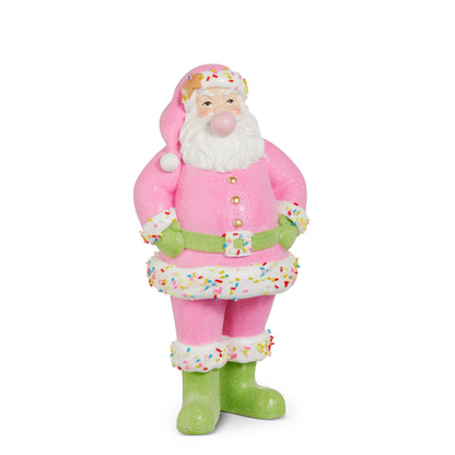Bubblegum Blowin' Santa, A pink glittered Santa figurine blowing a pink bubblegum bubble, with candy sprinkle trim, a green belt, and green boots.
