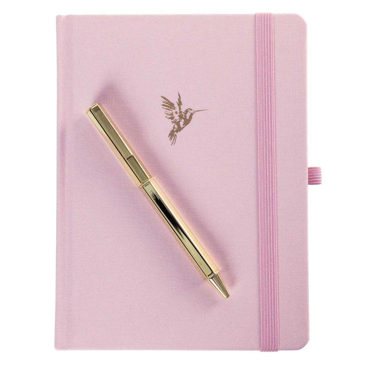 La Petite Presse Hummingbird Fabric-Bound Journal with Pen, A pink fabric journal with a gold foil hummingbird on the cover, paired with a gold twist pen tucked into a loop at the spine.
