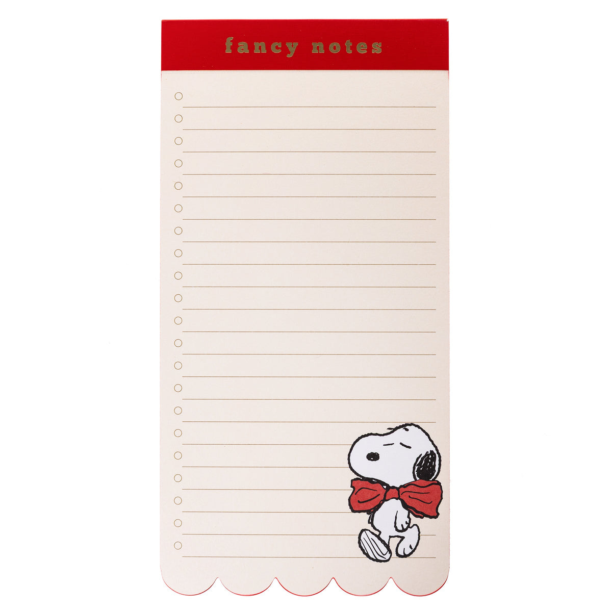 Peanuts Scallop List Pad, A cream list pad with a red fancy notes header, a red scallop die-cut bottom edge and Snoopy in a red bow tie printed at the corner.