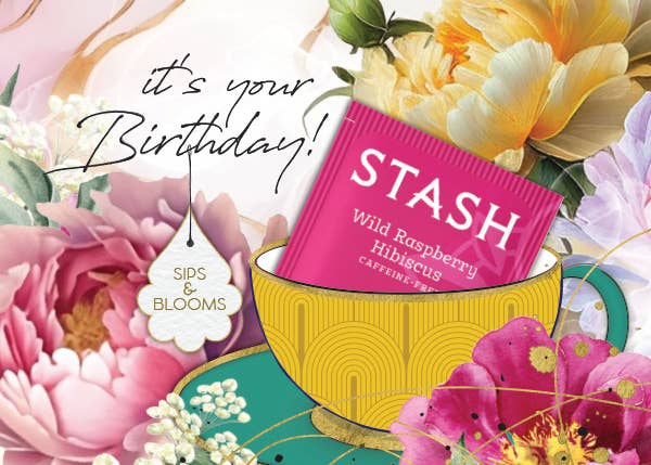 TEA GREETING Card with REAL TEA BAG - Birthday Sips Blooms 2