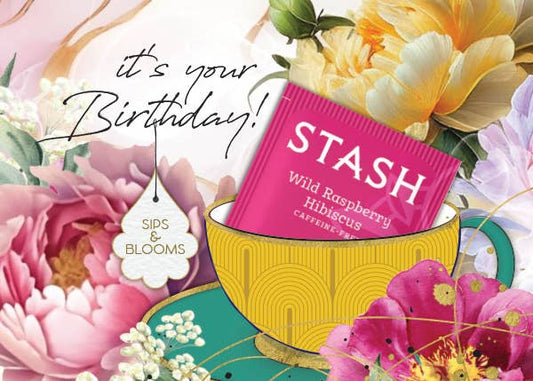 TEA GREETING Card with REAL TEA BAG - Birthday Sips Blooms 2