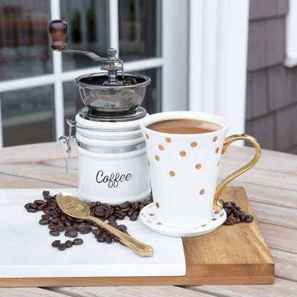 Handheld Vintage Ceramic Coffee Grinder with Wood Handle