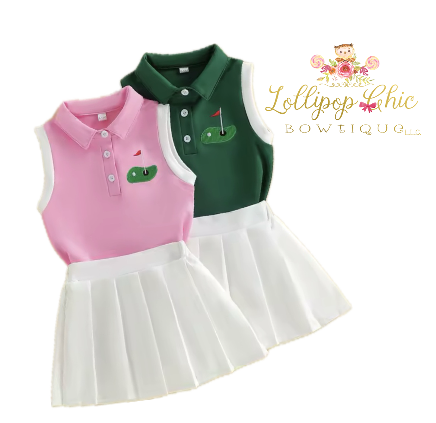 Toddler Girls 2 Piece Golf Embroidery Pleated Skirt Set PINK