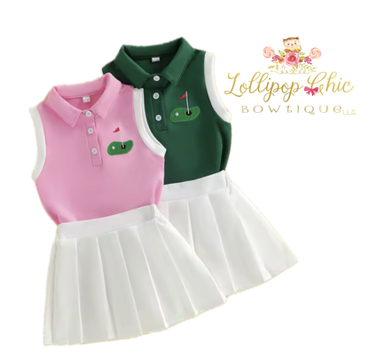 Toddler Girls 2 Piece Golf Embroidery Pleated Skirt Set PINK