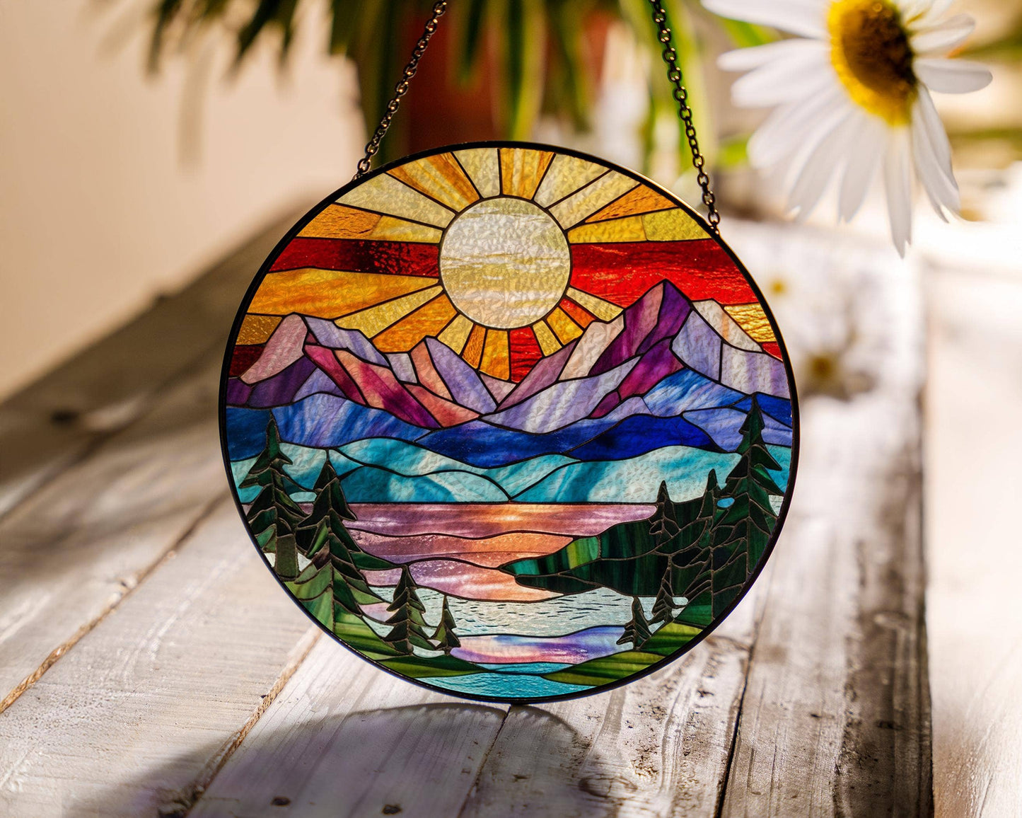 Mountain Range Stained Glass Suncatcher, Nature Decor Art