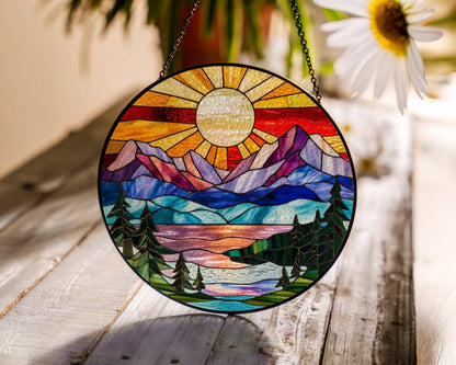 Mountain Range Stained Glass Suncatcher, Nature Decor Art