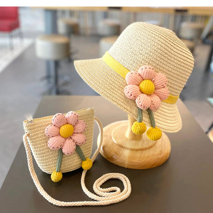 Sun Protection Beach Straw hat&flower Straw Bag 2pcs set