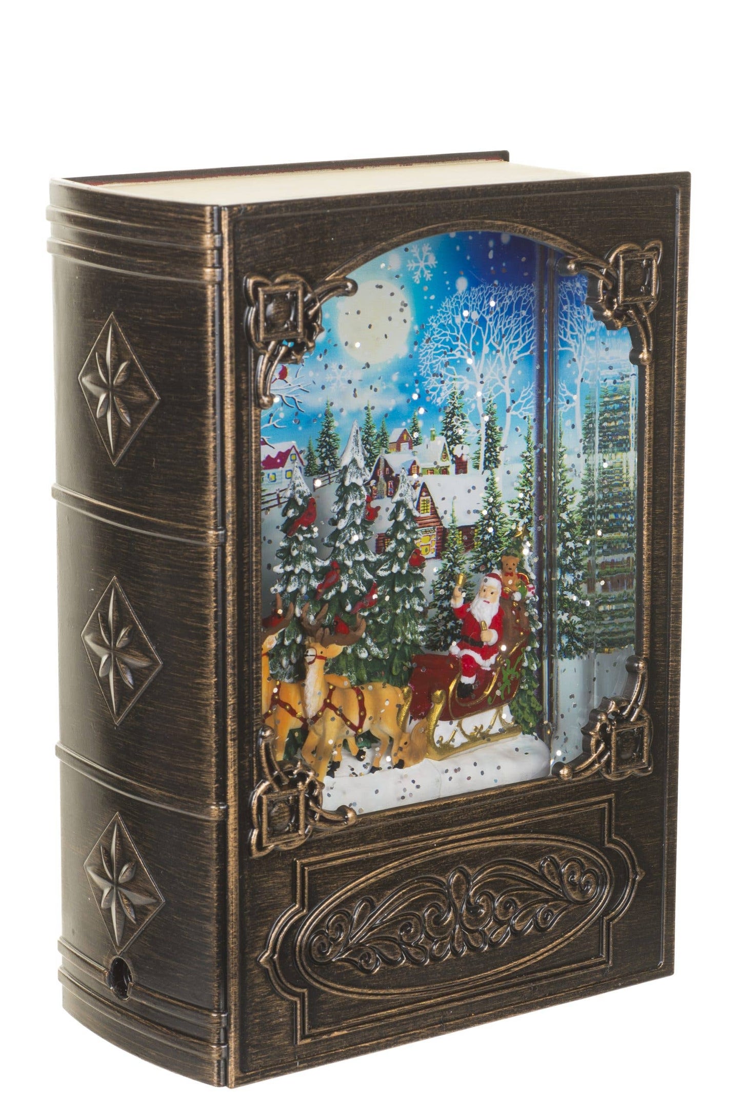Antique Brown Book Snow Globe with Santa in Sleigh