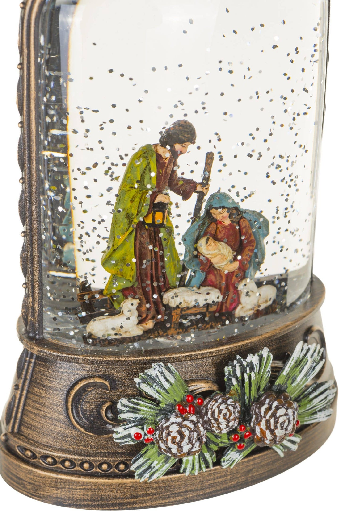 Antique Brown Lantern Snow Globe with Nativity Scene