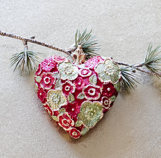 3.5" Beaded Petals Heart Orn (Red/Citron)