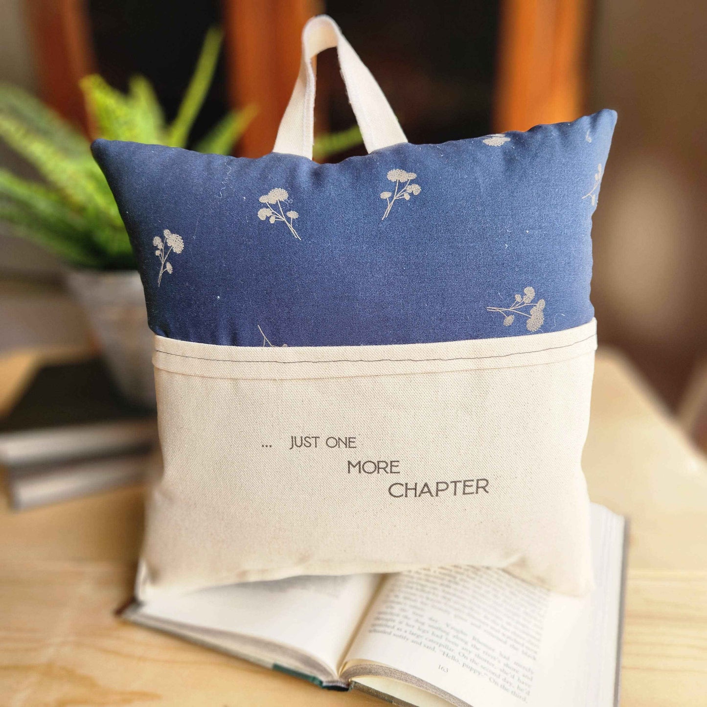 Just One More Chapter, Reading Pillow, navy floral