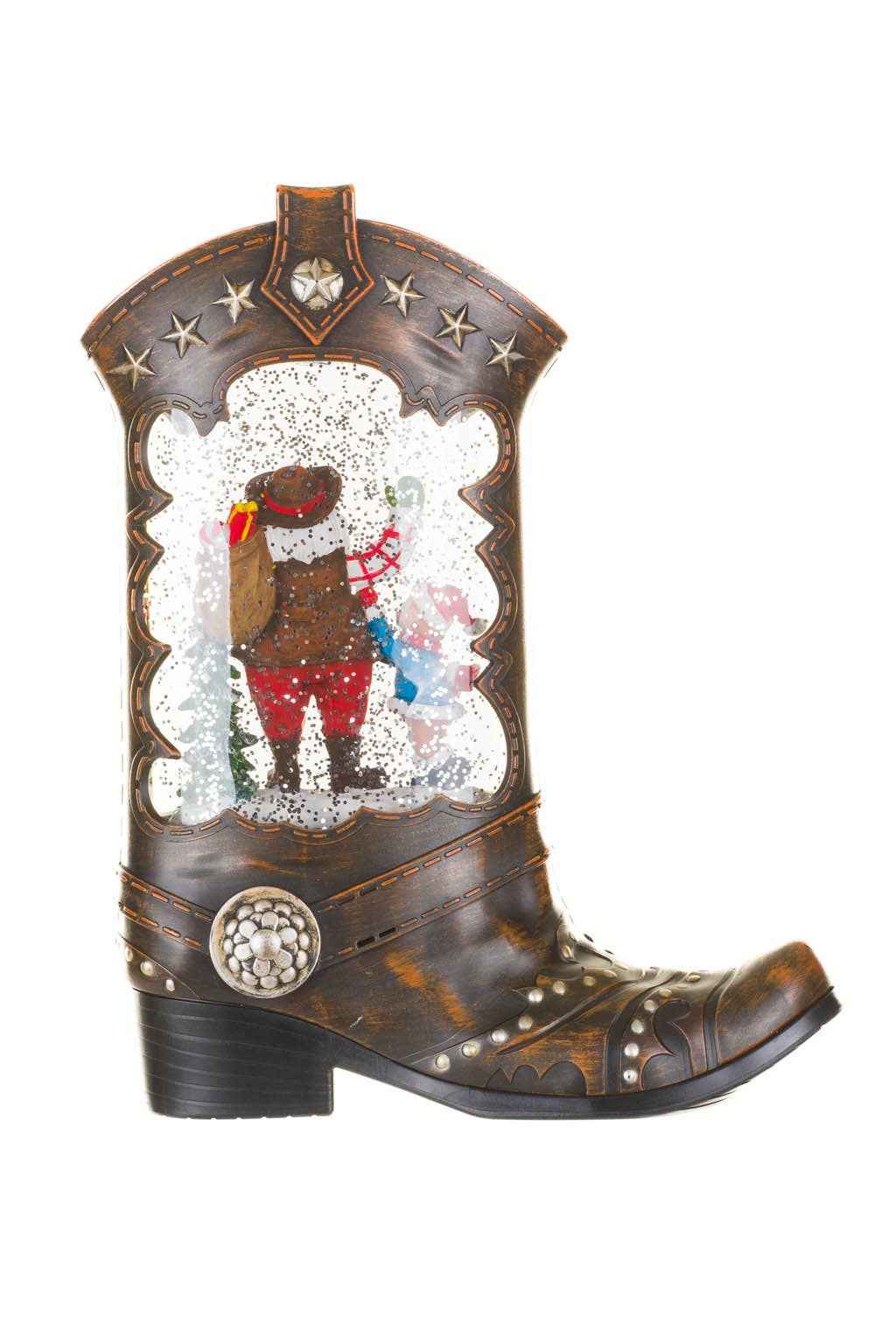 Brown Led Cowboy Boot Snow Globe W/ Rancher Santa Claus